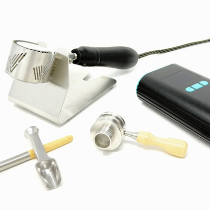 Vapvana All-Star Wired Kit complete set – stainless steel heater, modular bowl with handle, digital PID controller, glass adapters, stand, scoop, brush, and spare parts.