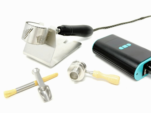 Vapvana All-Star Wired Kit complete set – stainless steel heater, modular bowl with handle, digital PID controller, glass adapters, stand, scoop, brush, and spare parts.