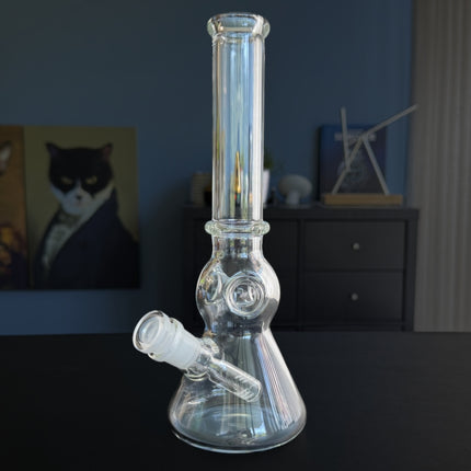 Full view of The Triple Play Pipe water pipe standing upright on tabletop with cone-style base and triple splash catcher