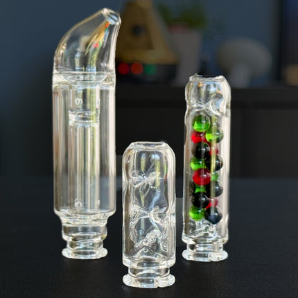 Full lineup of Puffco Pivot glass stems – Cactus, BubbleStem, and Evolution – displayed upright for comparison