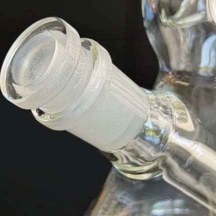 Angled view of the 18mm joint and inserted 14mm downstem on The Triple Play Pipe, highlighting universal vaporizer compatibility