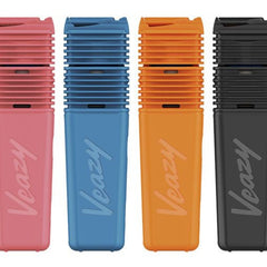 All four Storz & Bickel VEAZY vaporizers lined up in Black, Blue, Orange, and Pink — compact dry herb vaporizers with hybrid heating and modern design.