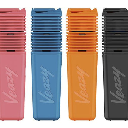 All four Storz & Bickel VEAZY vaporizers lined up in Black, Blue, Orange, and Pink — compact dry herb vaporizers with hybrid heating and modern design.