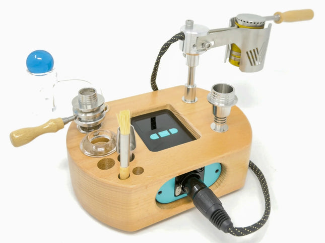 Vapvana All-Star Cordless Kit complete setup – stainless steel cordless heater, modular bowl, quartz banger, digital PID controller, heating coil, and wooden dugout dock with accessories.