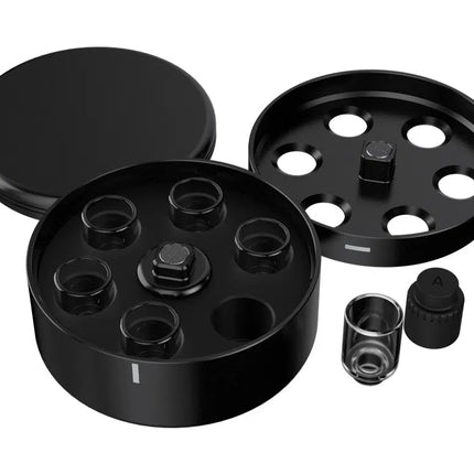 Arizer Go Shell Case kit with magnetic case, silicone insert, loading tray, six Go Shells, six filter screens, and Go Shell Grip laid out separately