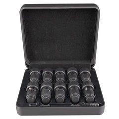 Arizer Pre-Load & Go Case with hard-shell case, ten Go Shells, ten screens, ten stem caps, ten shell grips, and stirring tool laid out separately
