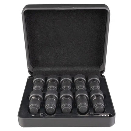Arizer Pre-Load & Go Case with hard-shell case, ten Go Shells, ten screens, ten stem caps, ten shell grips, and stirring tool laid out separately