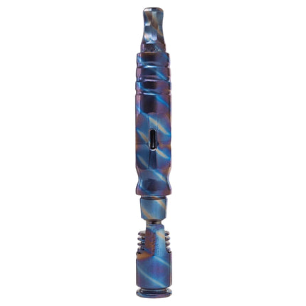 DynaVap HyperDyn vaporizer in TygerDyn finish — full-length front profile showing striped DuraDyn coating and ergonomic airport.
