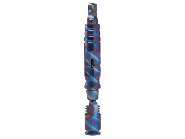 DynaVap HyperDyn vaporizer in TygerDyn finish — full-length front profile showing striped DuraDyn coating and ergonomic airport.