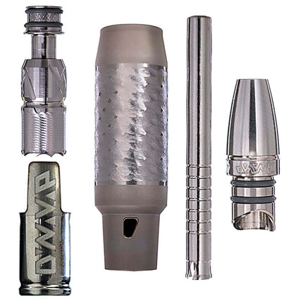 All DynaVap VonG X components displayed individually including tip, condenser, mouthpiece, captive cap, and O-rings.