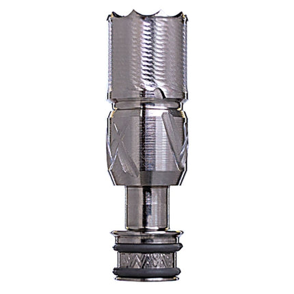 Close-up of the DynaVap VonG X stainless-steel high-mass tip showing detailed airflow ports and polished finish.