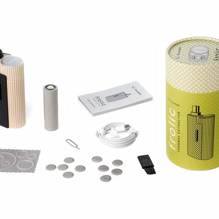 Complete Limelight Frolic Thermal Extractor kit with battery, USB-C cable, screens, O-rings, cleaning brush, and packaging tube.