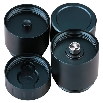 Mad Heaters Reload 3 black edition with parts arranged to show the relative size of the three airtight pots and integrated tools.