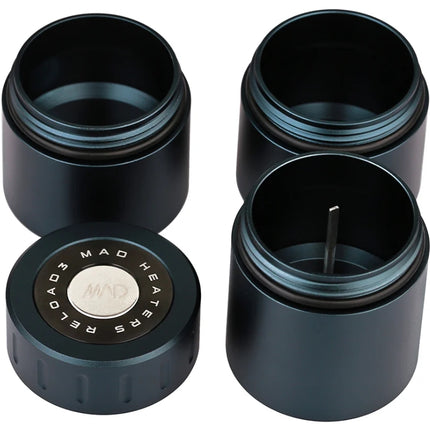Black Mad Heaters Reload 3 fully disassembled to display its airtight containers, tools, and anodized aluminium components.