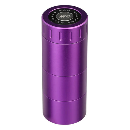 Close-up of the purple Mad Heaters Reload 3 showing the engraved logo and built-in cooling magnet on the lid.