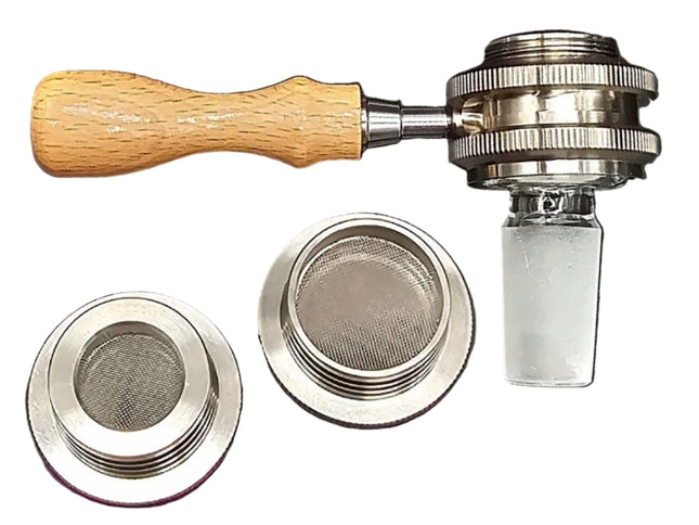 Screwball Modular Bowl by Vapvana shown disassembled, displaying the titanium bowl housing, regular and micro bowl inserts, glass joints,