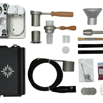 Universal Baller full kit showing desktop ball vaporizer housing, PID controller, wireless dock, bowls, quartz insert, ruby balls, tools, and regional power cord