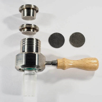 Exploded view of Vices Adaptaball bowl system showing titanium screens, microdose cup, and large diffuser cup components
