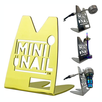 Mininail coil stand in gold with examples of how to use it