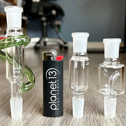 3 glass herb catchers compared to the size of bic lighter.